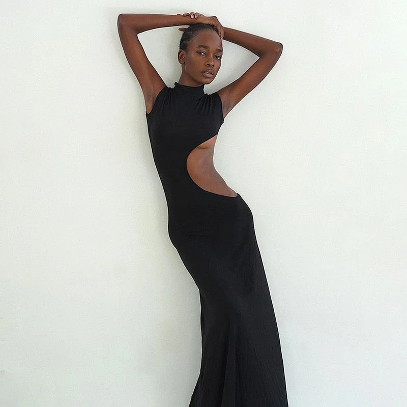 Woherb Black Mock Neck Tank Side Cut Out Maxi Dress-Outfit Ideas
