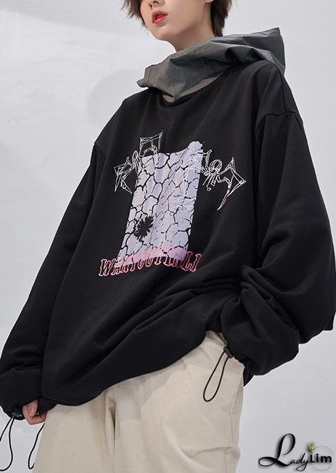 Chic gray prints cotton clothes For Women fall loose patchwork hooded Sweat shirt