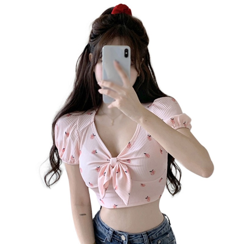 Summer Women's T-Shirt V-Neck Printed Bow Slim Fit Sexy Short Sleeved Tops