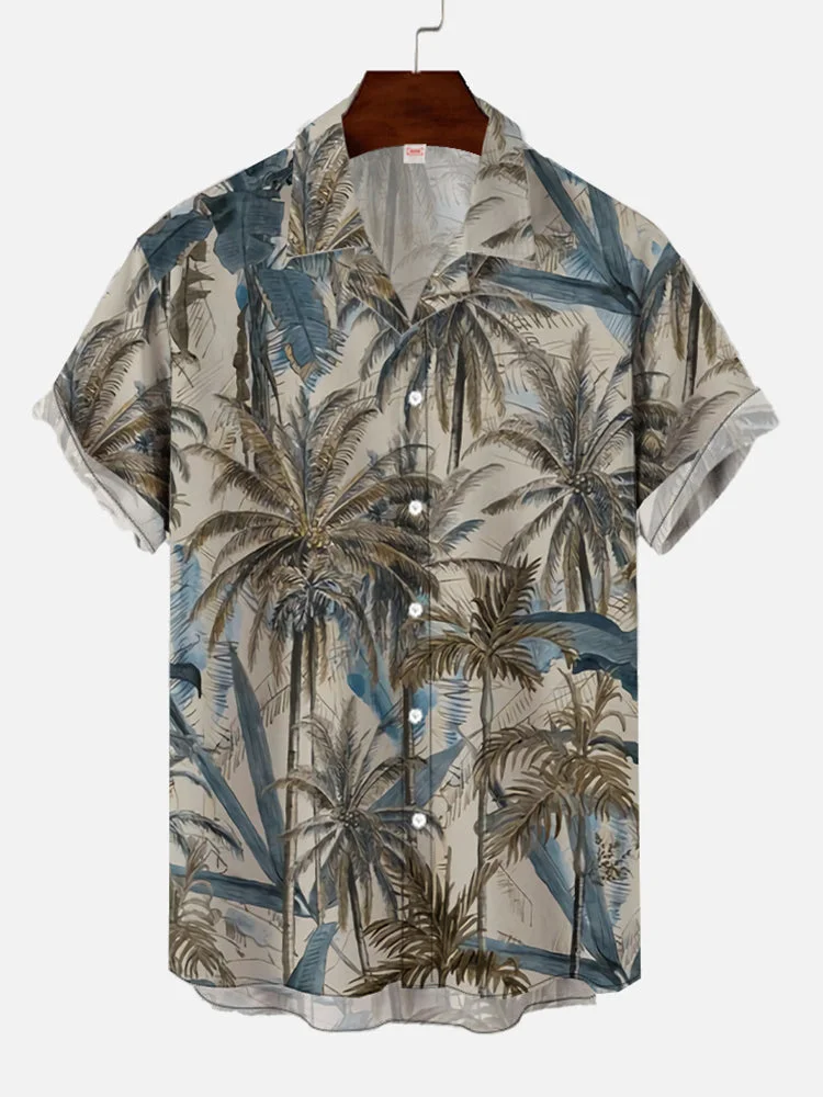 Tropical Garden Palm Forest And Blue Smoke Hawaiian Print Cuban Collar Short Sleeve Shirt