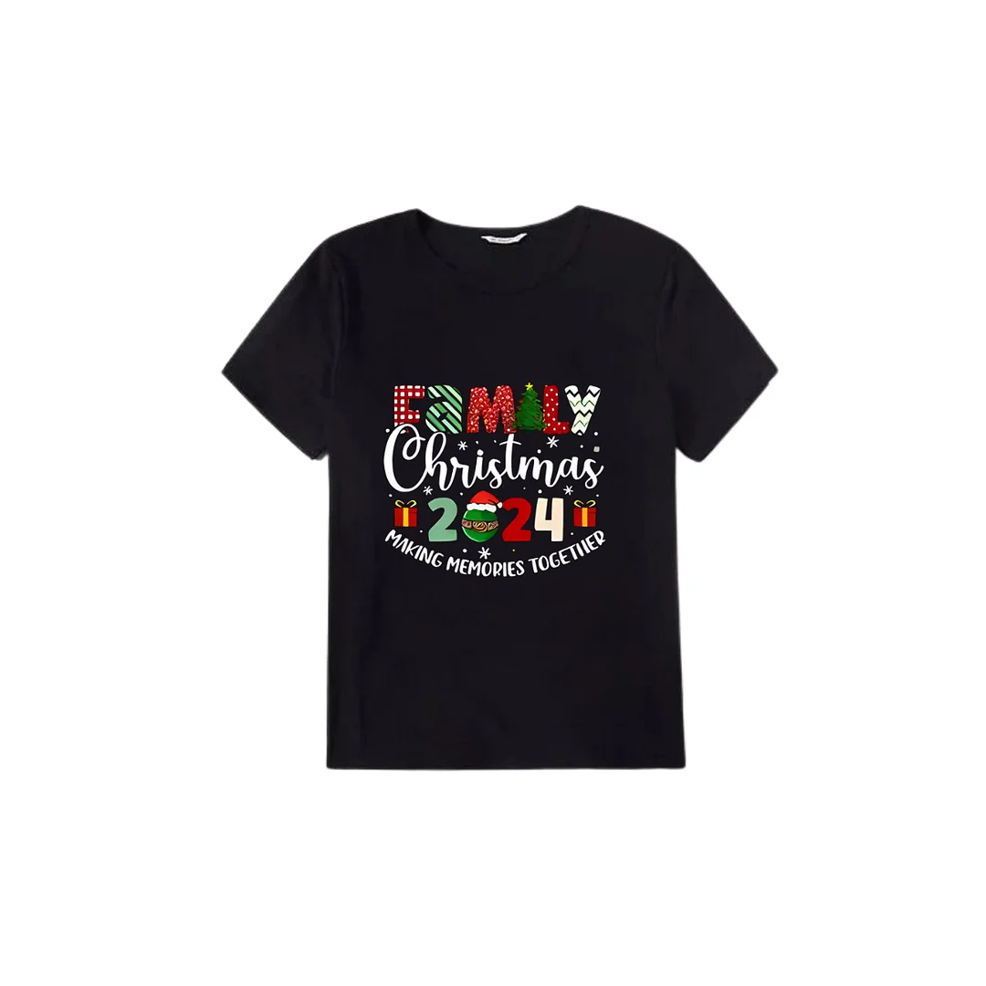 "Family Christmas 2024 Making Memories Together" Pattern Ⅰ- Black Short Sleeve with Red & Black Plaid Pant Family Matching Pajamas