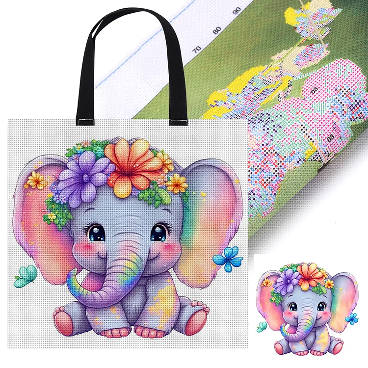 11CT Elephant Cross Stitch Canvas Tote Bag DIY Sewing Bag Gift for Friend40x40cm gbfke