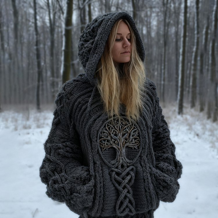 Women's Viking Tree Of Life Art Knit Jacquard Hooded Sweater