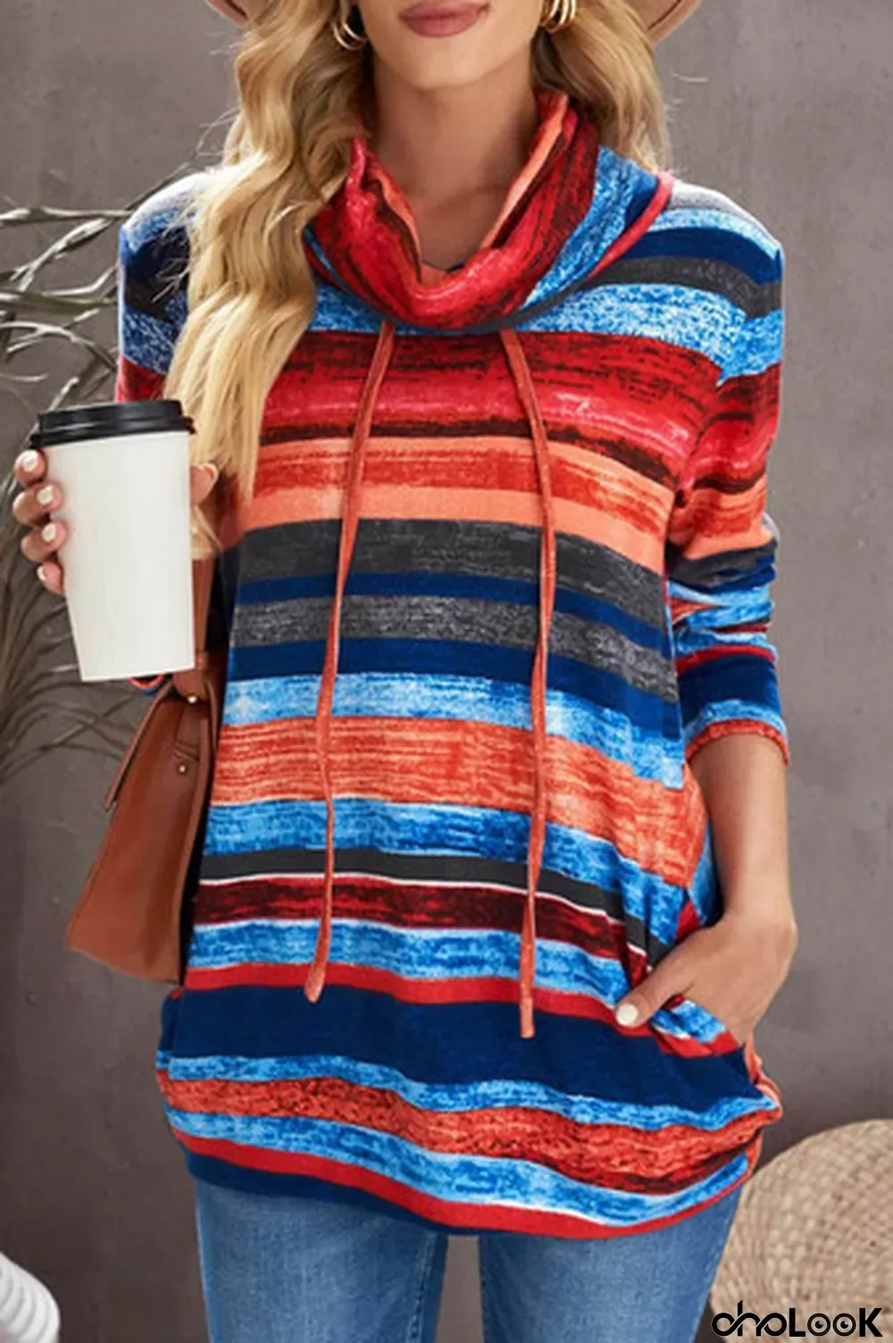 Vibrant Multicolor Cowl Neck Striped Long Sleeve Sweatshirt