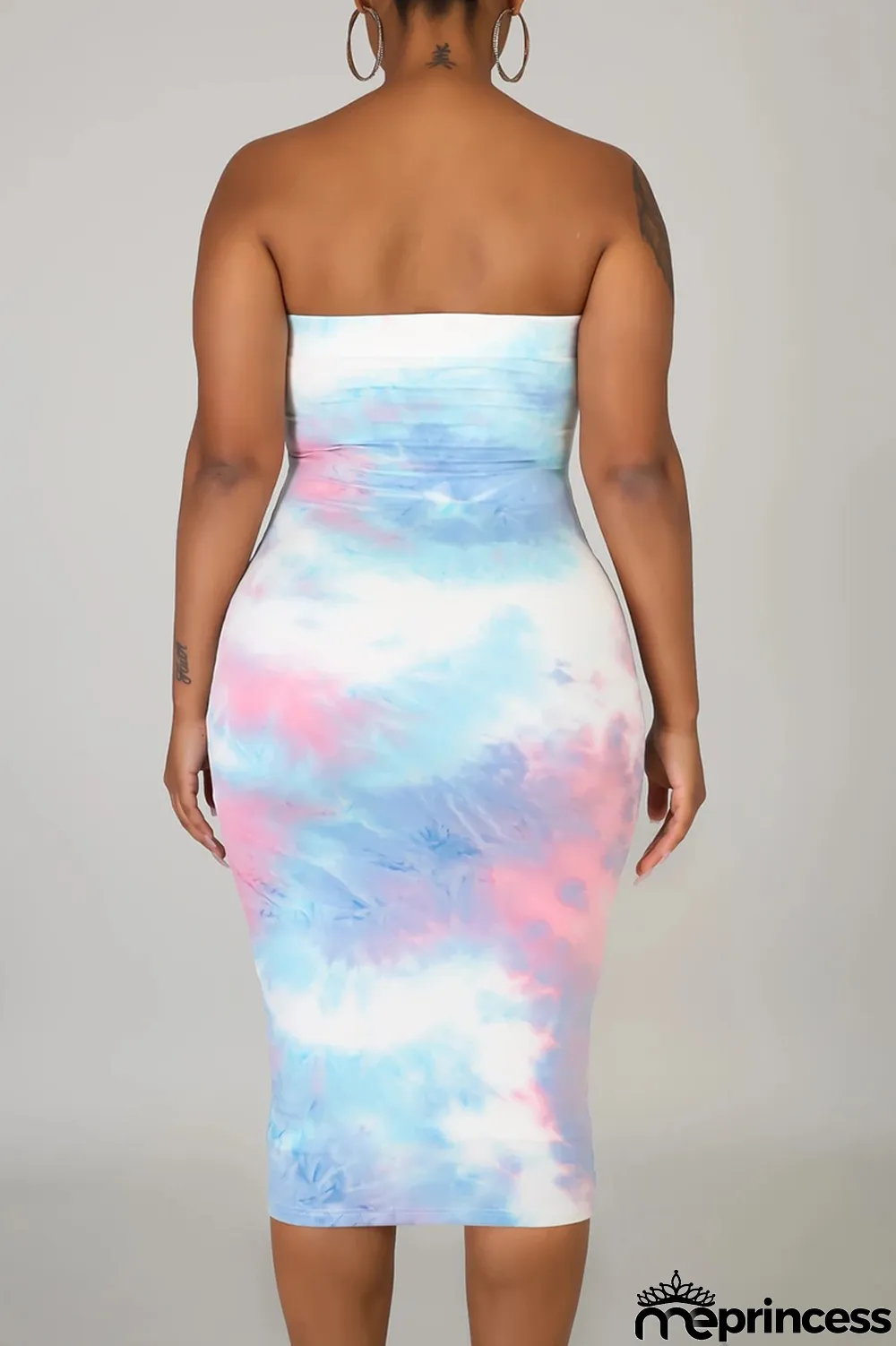 Deep Blue Sexy Patchwork Tie-dye Strapless Pencil Skirt Dresses