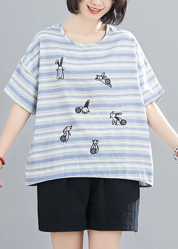 Women Blue Striped Embroideried rabbit Cotton Linen Summer Top