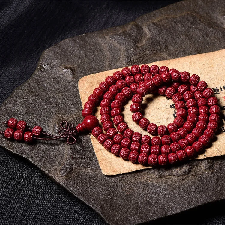 Cinnabar 108 Mala Beads Om Mani Padme Hum Pattern Engraved Blessing Bracelet