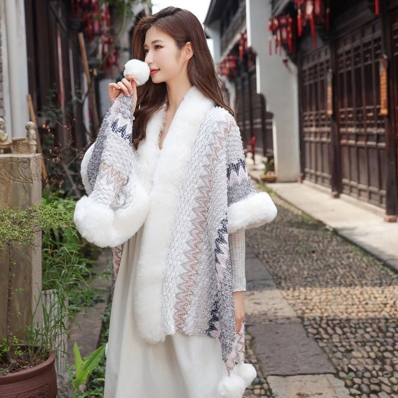 Yunnan Lijiang Travel Outside Knitted Shawl Ethnic Style Vintage Cape Cloak Tassel Scarf For Vacation Wear
