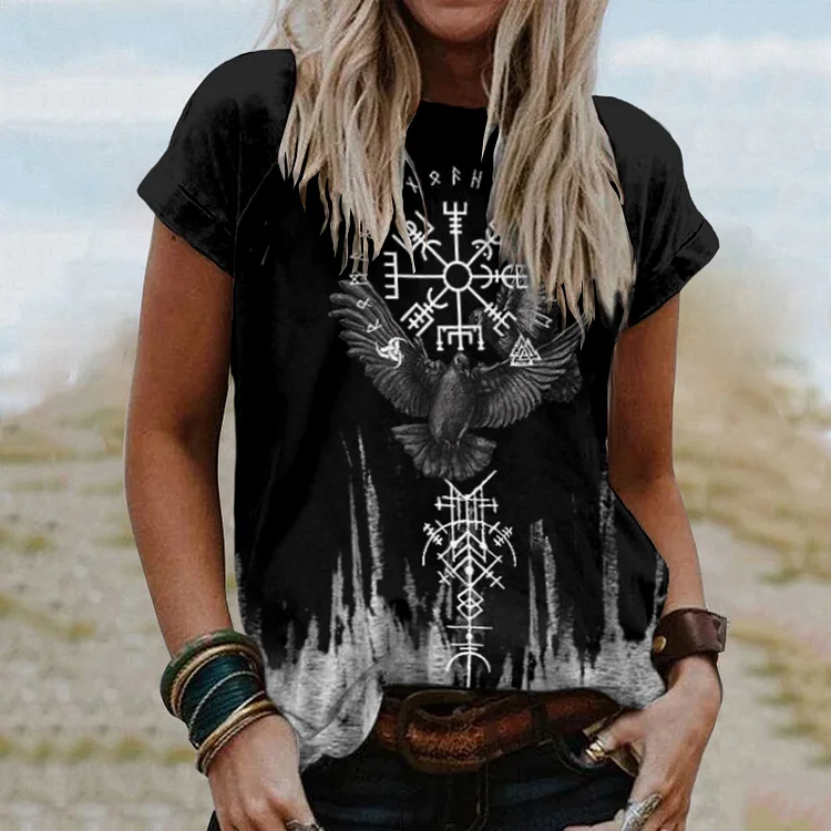 Tribal Viking Bird Totem Print Short-Sleeved T-Shirt