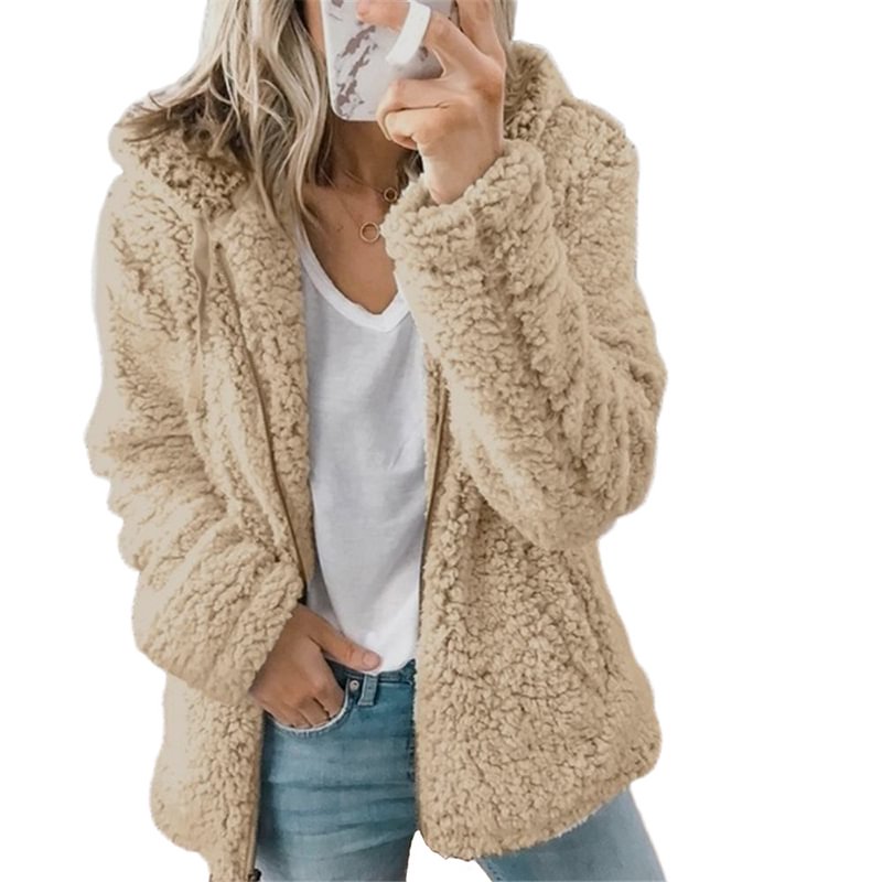 Fashion Warm Women's Solid Color Hooded Woolen Fleece Coat