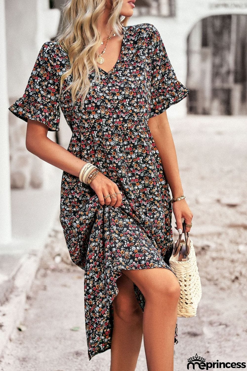 Floral V-Neck Flounce Sleeve Midi Dress