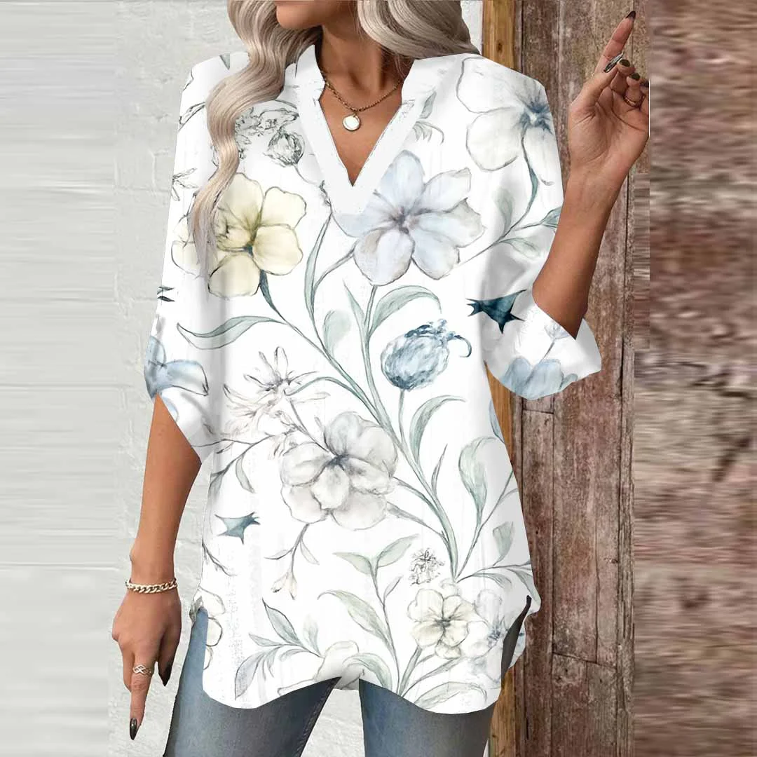Women Floral,Blue DZGA0028 3/4 Sleeve V-neck Printed Graphic Button Tops