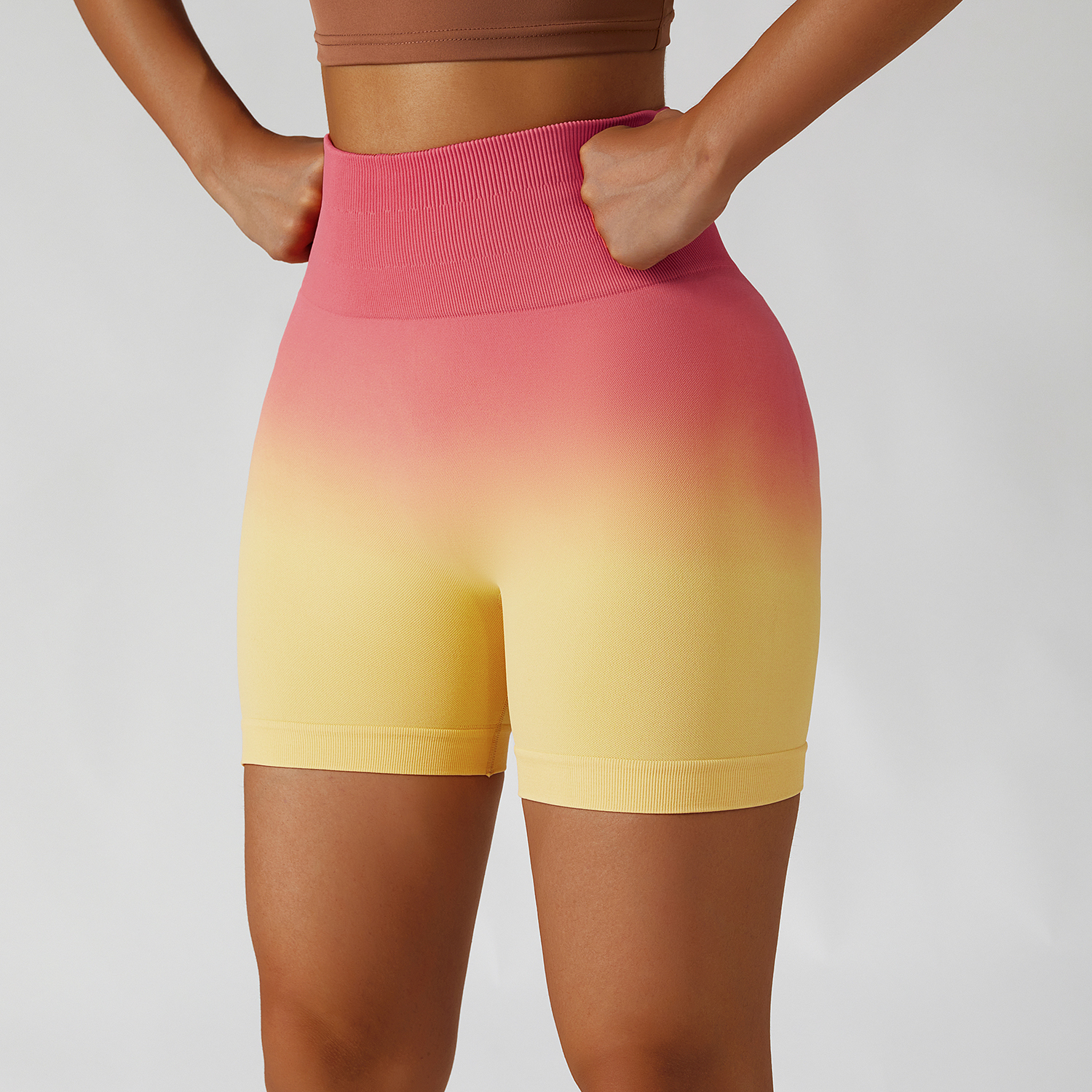 Buy Hergymclothing Rose Yellow high waist scrunch butt lifting gradient printing seamless workout shorts at an affordable price