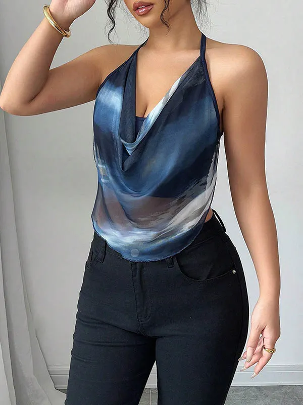 Loose Sleeveless Backless Contrast Color Gradient Halter-Neck Vest Top