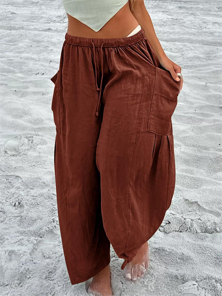 Patch Pockets Pleated Flowy Wide Leg Pants wearshes
