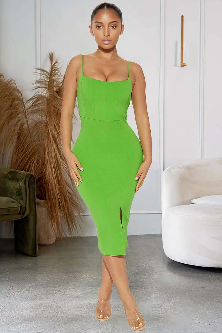 Spaghetti Strap Square Neck Slit Plain Midi Dresses [Pre Order]