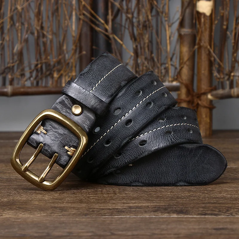 Men's Double Needle Buckle Belt Genuine Leather Cowhide Casual Jeans Belt