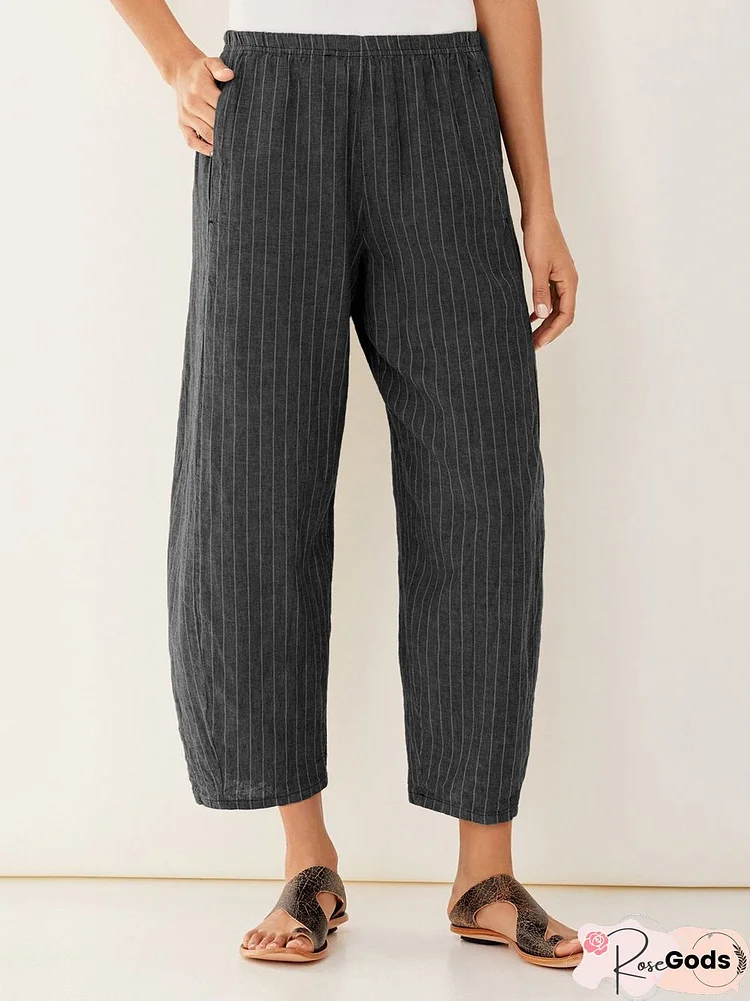 Women Shift Striped Cotton-Blend Pockets Pants