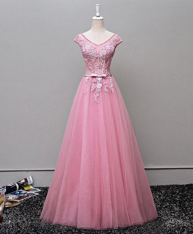 A Line V Neck Tulle Long Prom Dress, Lace Evening Dress