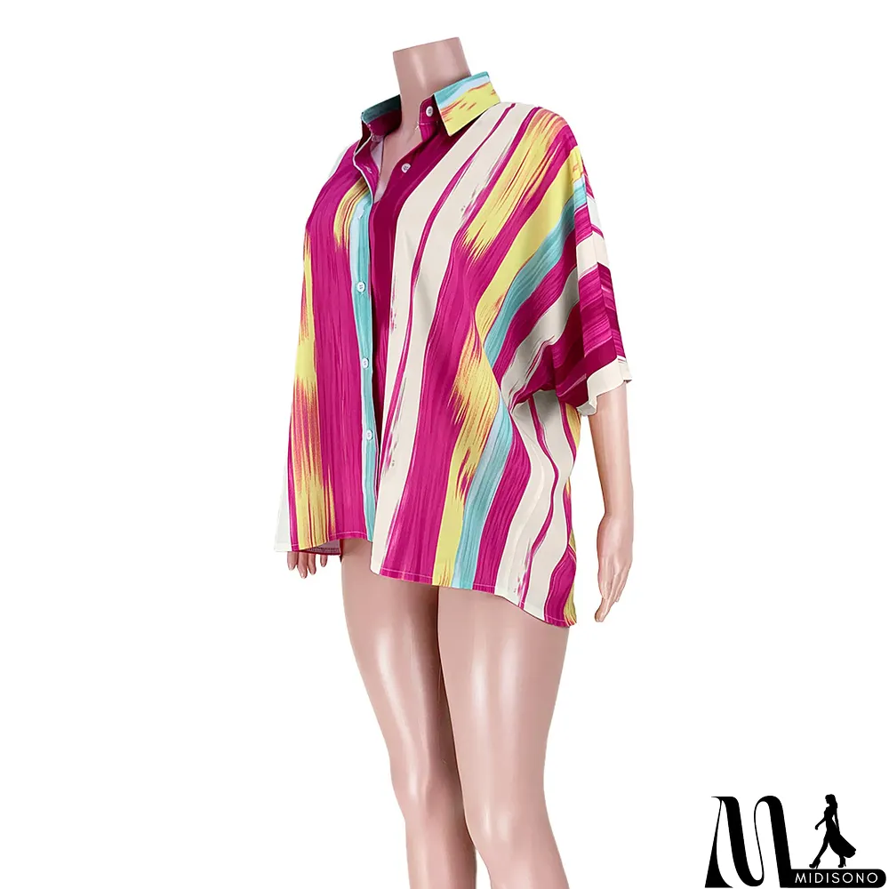 MidiSono - Women Sexy Short Front Back Long Casual Colorful Striped Loose Shirt
