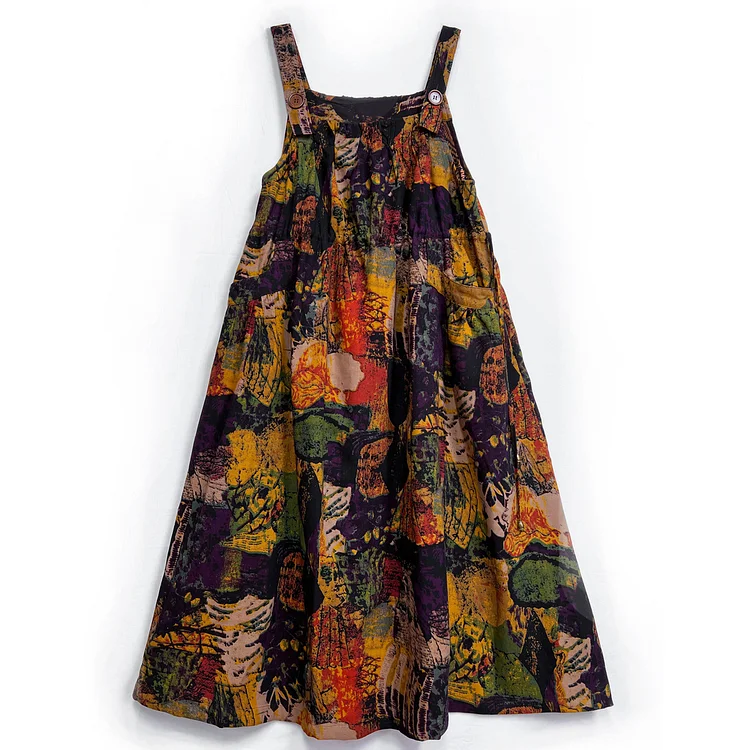 Classic Oil Painting Print Suspender Midi Dress