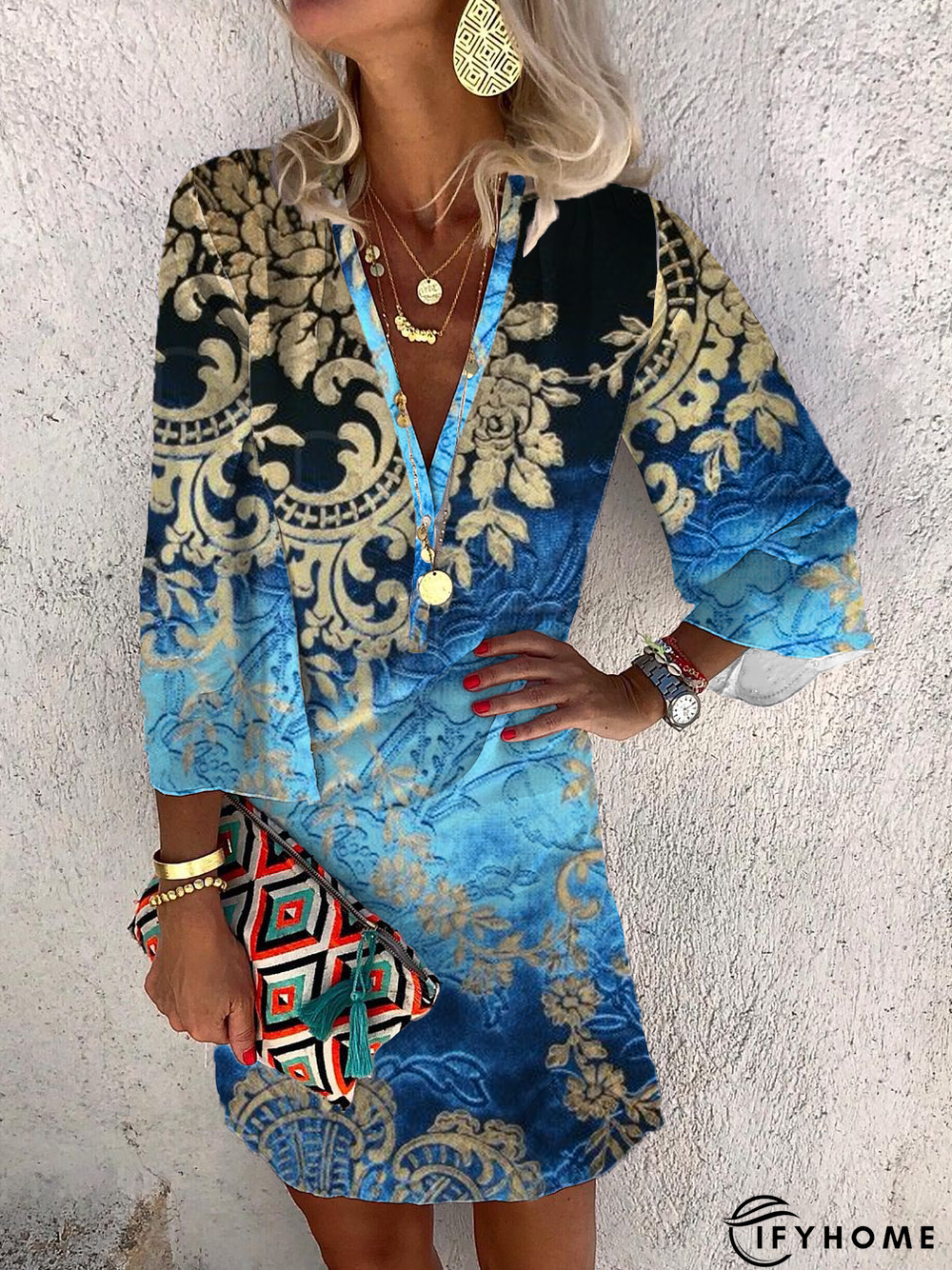 Tribal Vacation Long Sleeve Woven Tunic Dress | IFYHOME