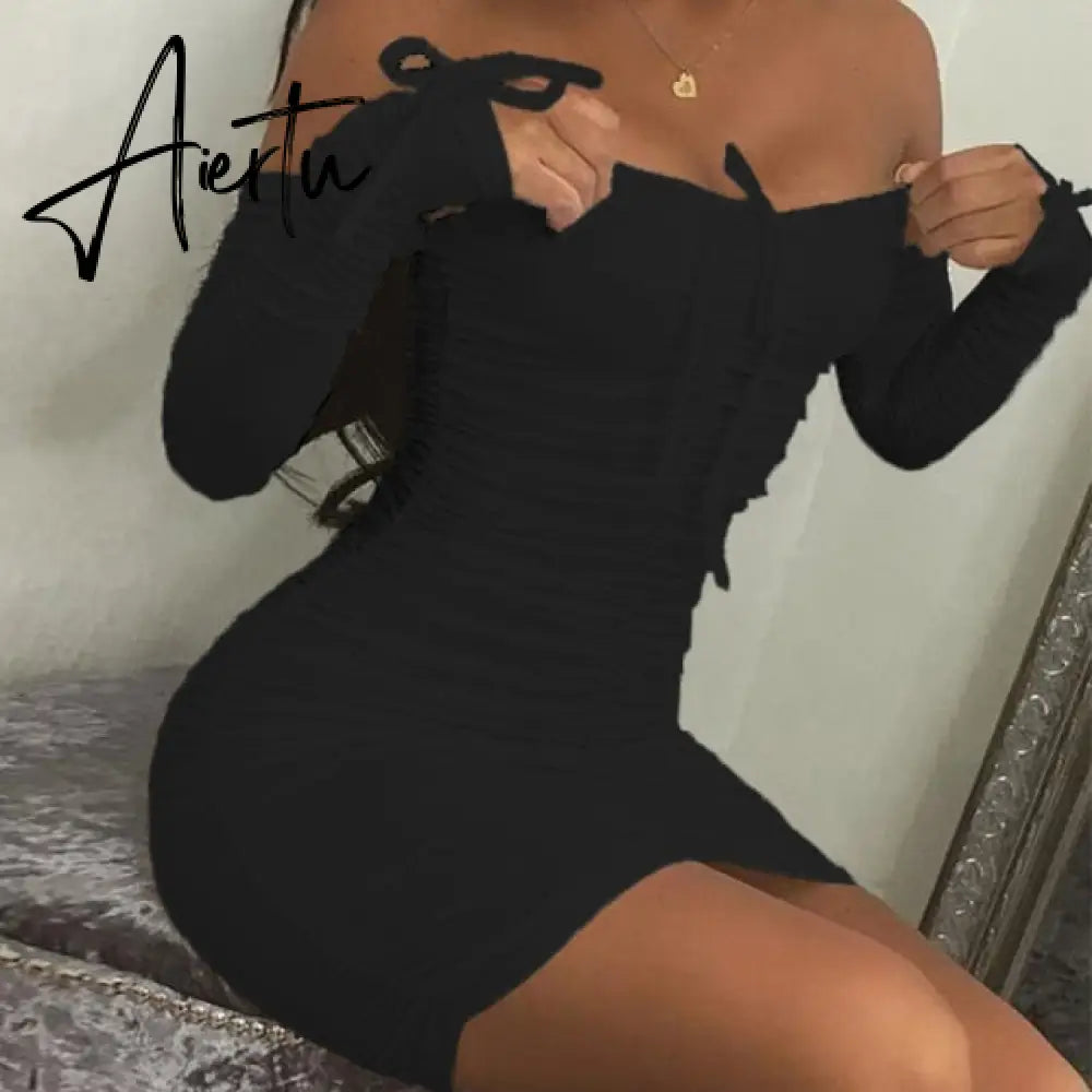 Aiertu Spring Summer Fashion Solid Party Sexy Slim Dresses Women Elegant Long Sleeve Ruched Club Dress Mini Tight Strapless Aiertu