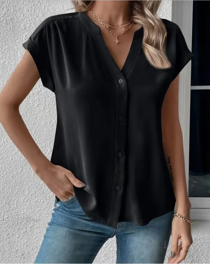 Solid Color Basic Button Front Rolled Sleeve Blouse Top