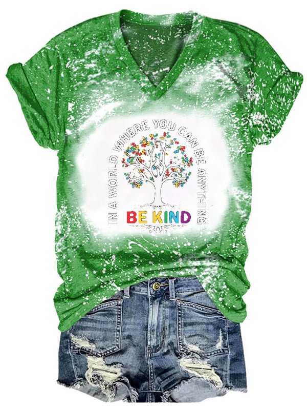 Short Sleeve V Neck Gradient Be Kind Letter Printed T-shirt