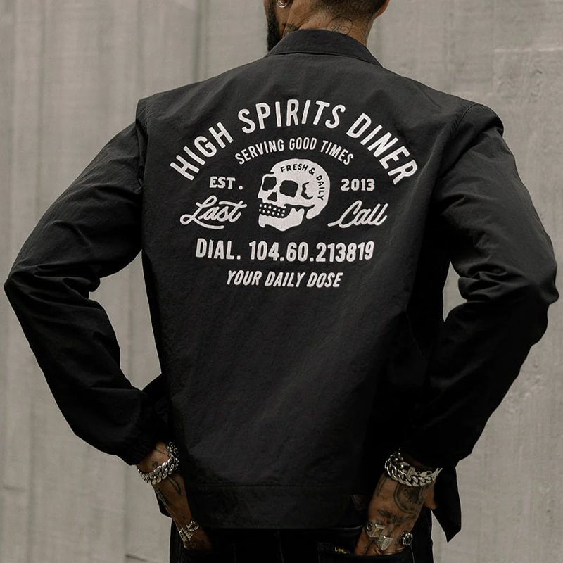 Vintage Black Printed Waterproof Nylon Elastic Hem Jacket