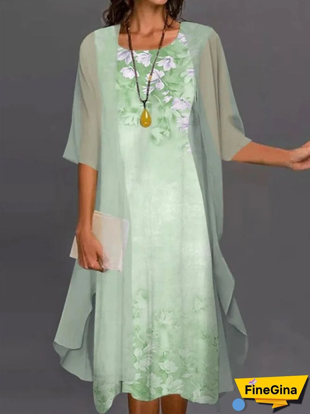 Women 3/4 Sleeve Scoop Neck Graphic Floral Printed Two-Piece Maxi Dress