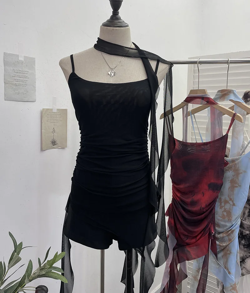 Churchf Spice Girls Irregularly Designed Lotus Leaf Edge Ribbon Sling Vest Tie Mesh Folding Top 9962