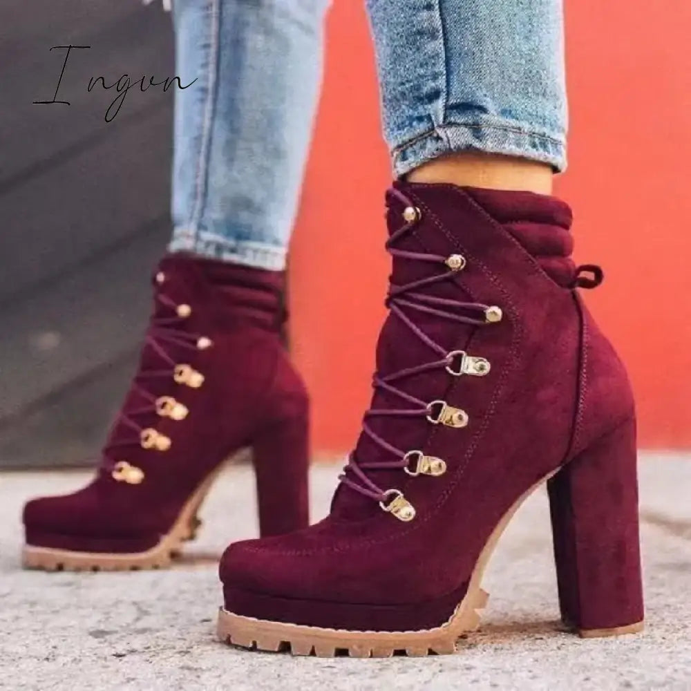 Ingvn - Non Slip Chunky Platform High Heel Boots Wine Red / 5