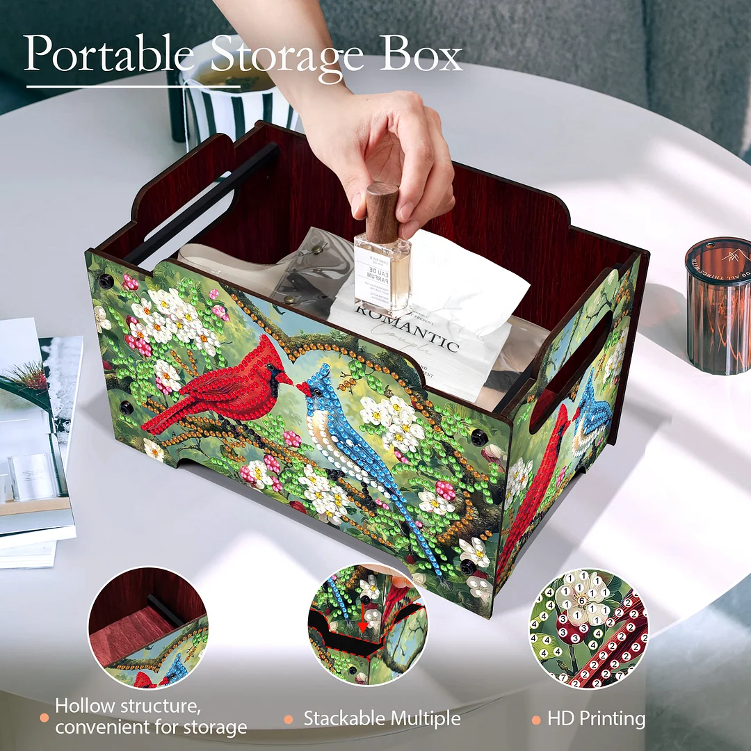 5D DIY Diamond Painting Decorative Storage Box Wood Storage Clutch (Cardinal)