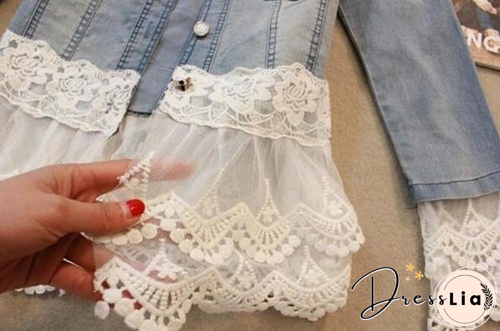 New Women Casual Denim Jacket Pearl Lace Splice Jean Coat Spring Summer Autumn Women Fashion Splice Coat Lace Jacket