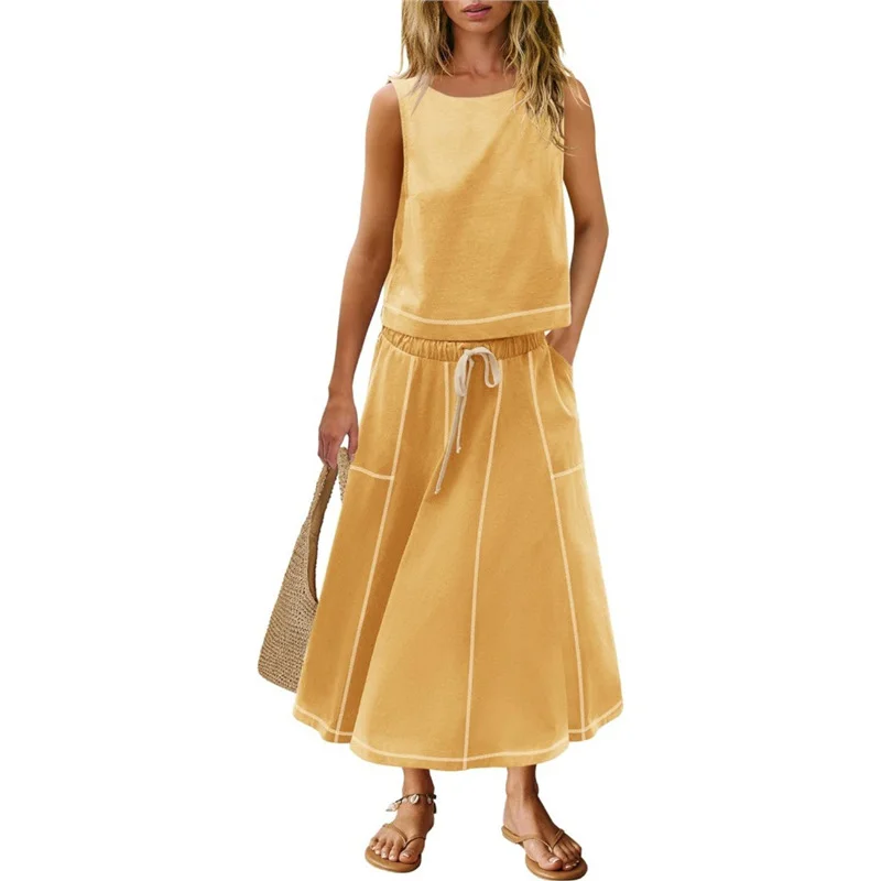 Athvotar Athvotar Hot 2025 New Summer Vacation Sleeveless Vest Half-Dress Cotton-Song Set Two-Piece Set