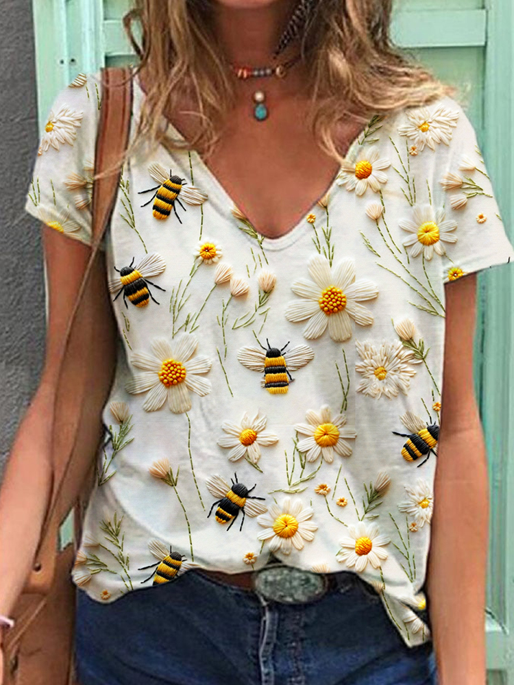 Comstylish Bee & Flower Embroidery Casual V-Neck T-Shirt
