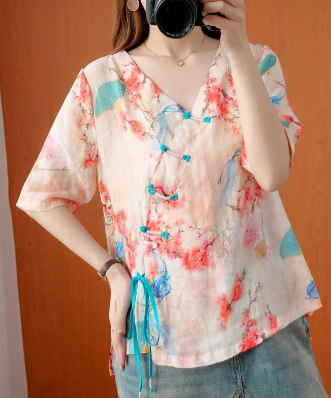 Handmade v neck half sleeve summer tops women floral shirts