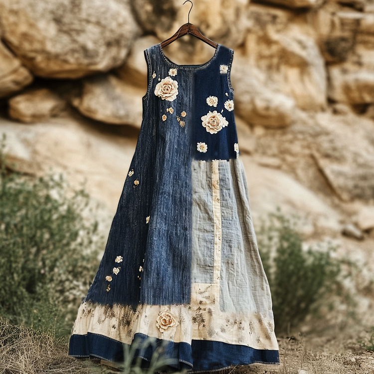 Women's Vintage Floral Denim Blue Patchwork Sleeveless Dress