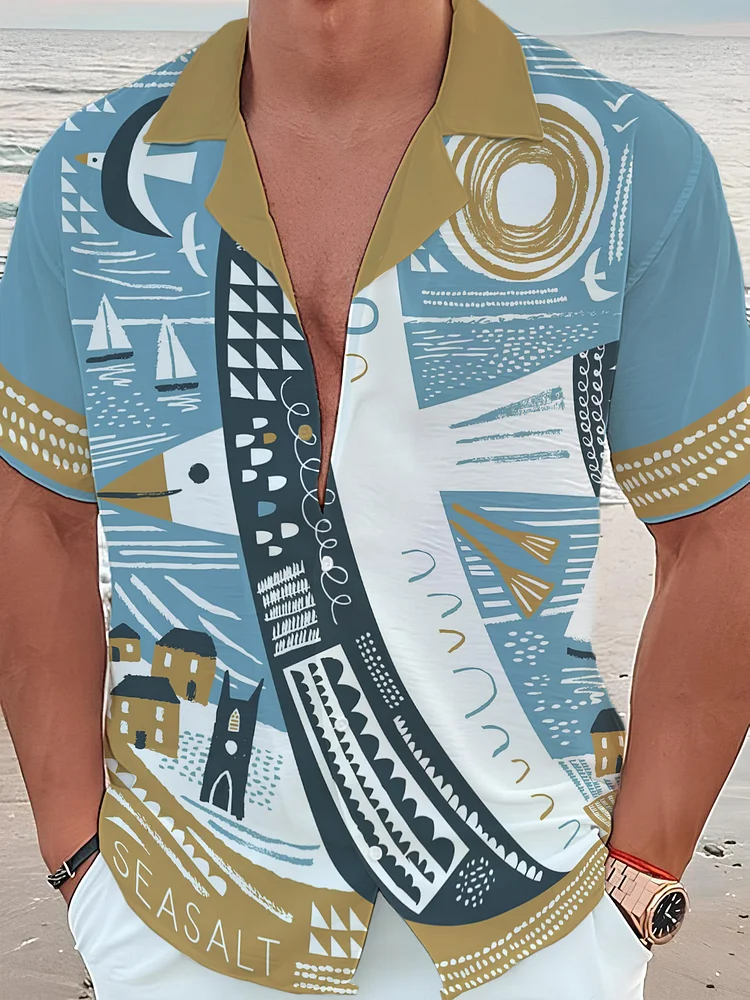Men's Vacation Seagull Abstract Art Print Short Sleeve Shirt