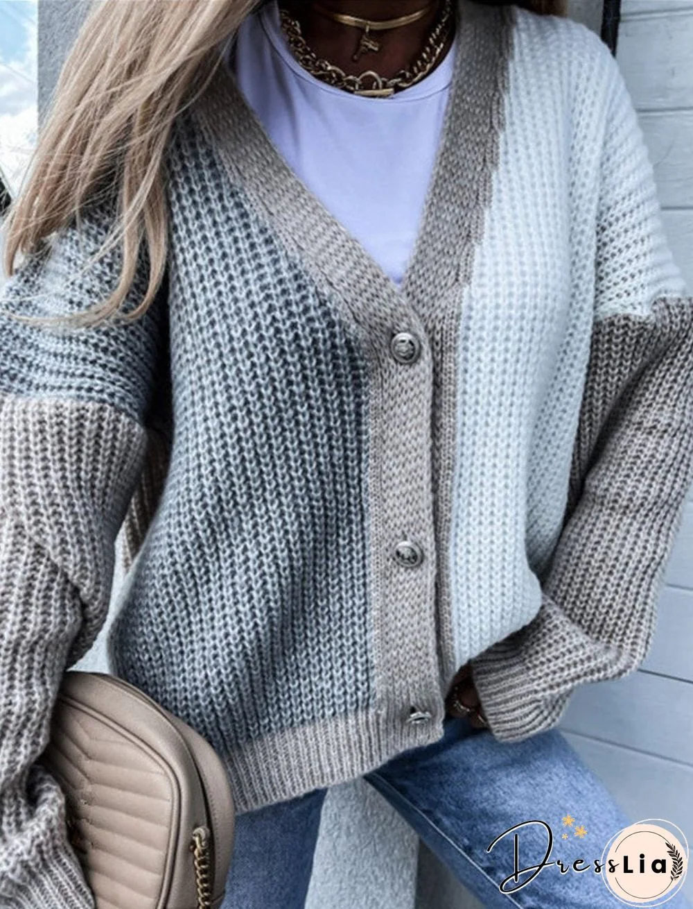 Casual Color Block Stitching Long-Sleeved Sweater Cardigan