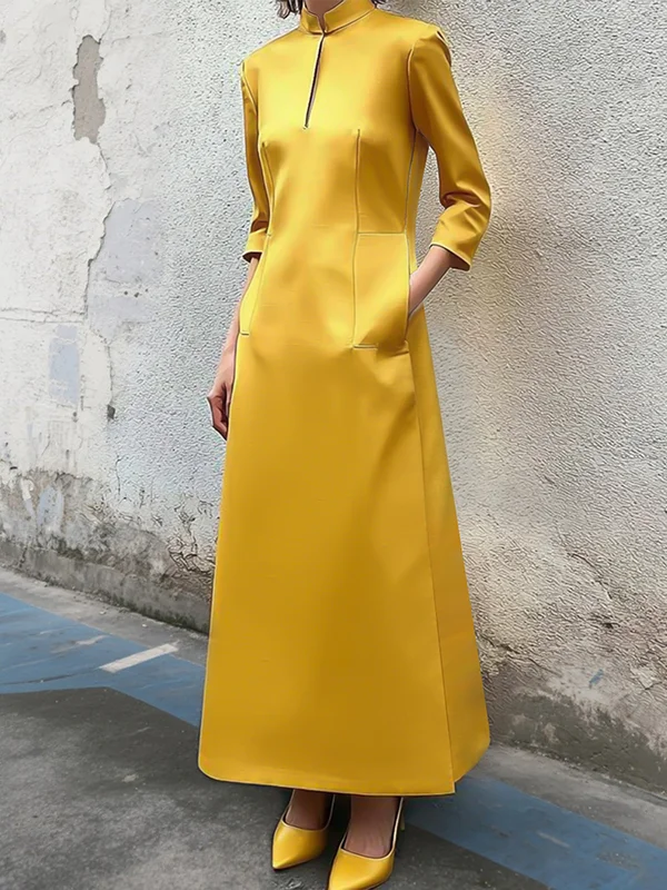 Hollow Solid Color Three-Quarter Sleeves Stand Collar Shirt Dress Maxi Dresses