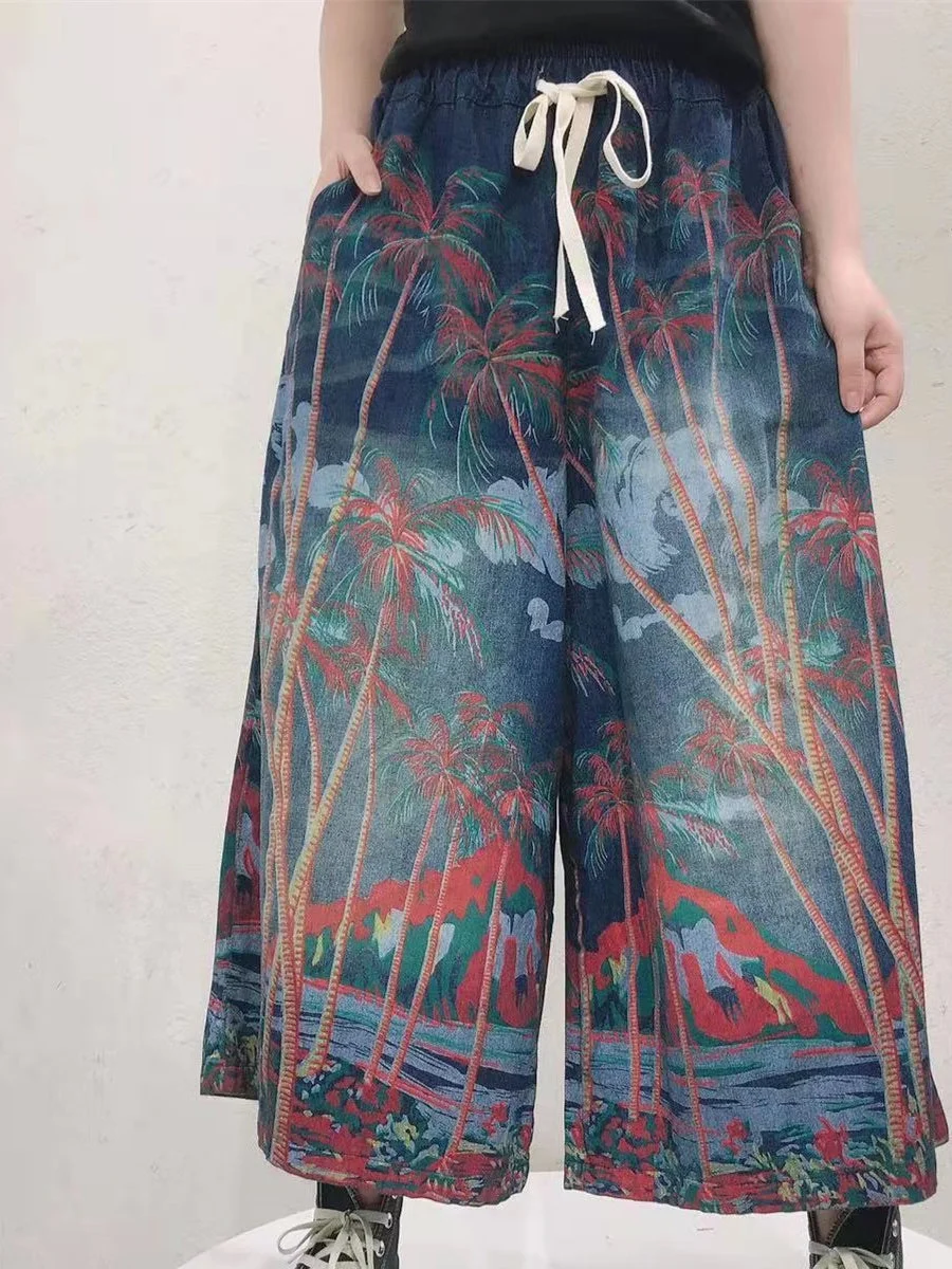 Women's Retro Ethnic Style Nine-point Wide-leg Jeans