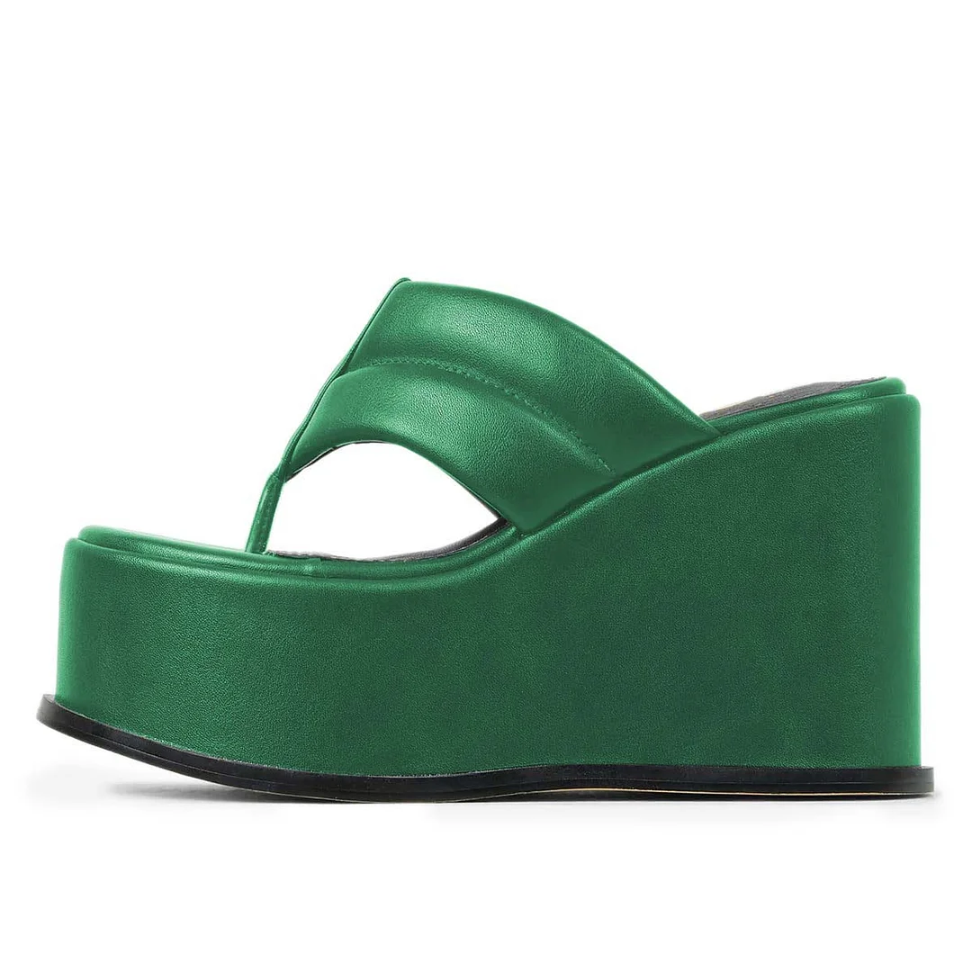 Green Open Round Toe Wedge Heel Platform Flip Flops Mules for Women