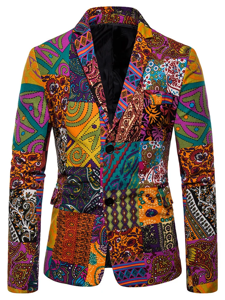 Men's Casual Lining Collar Printed Long-sleeved Suit