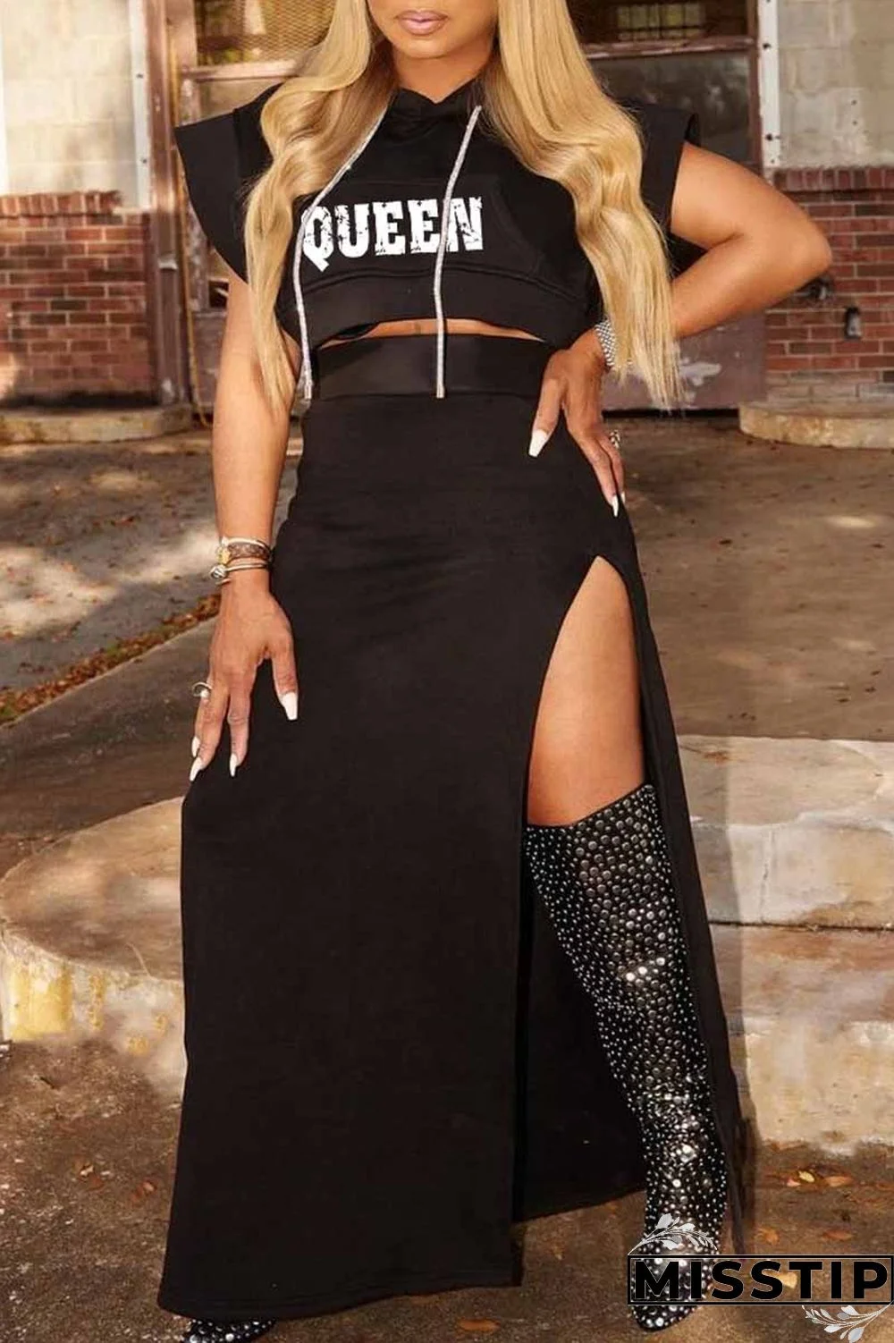 Black Fashion Casual Letter Print Slit Hooded Collar Two Pieces