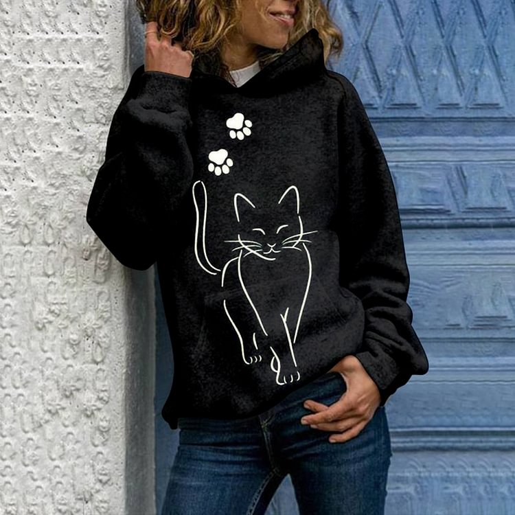 Comstylish Cat Print Casual Long Sleeve Hoodie