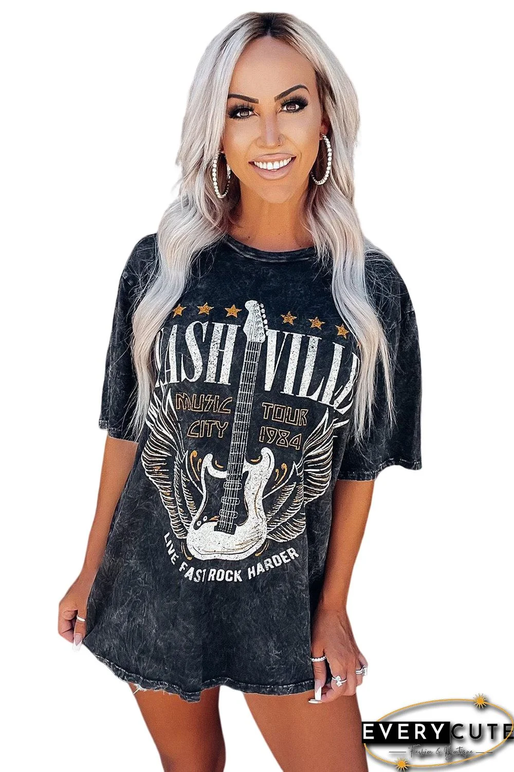 Black Mineral Wash NASHVILLE Vintage Graphic T Shirt