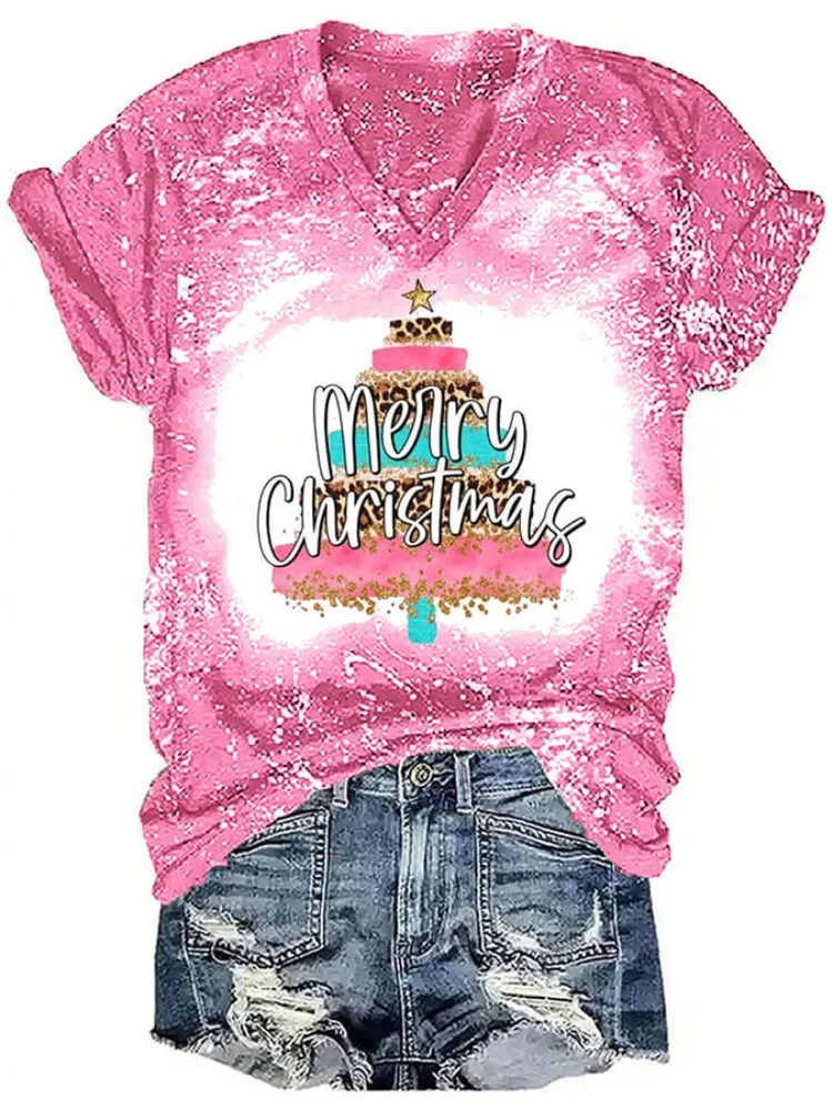 Wearshes Merry Christmas Leopard Tree Bleached T Shirt