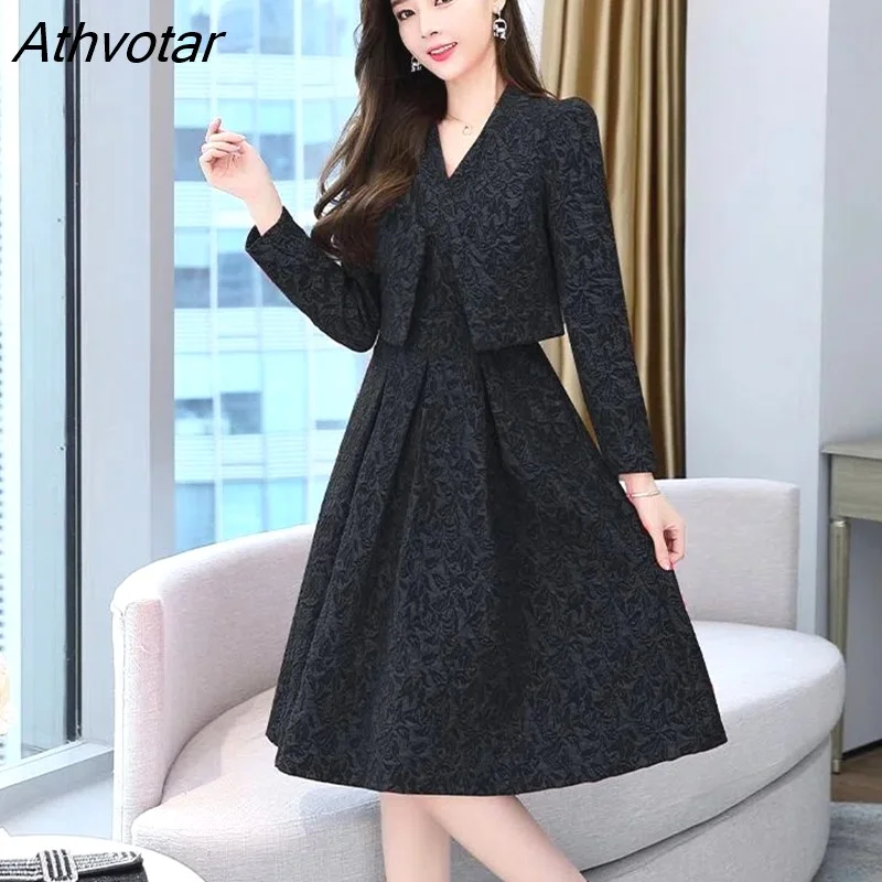 Athvotar Jacquard Dress Suit Korean V Neck Pleated A-Line Tank Dresses Matching Cardigan Ensemble Femme 2 Piece Set Women Outfits